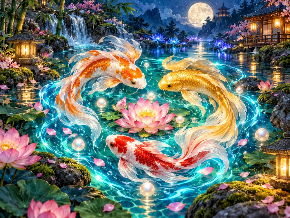 Three flowing koi among magical currents, lotus flowers and moonlit garden lanterns.