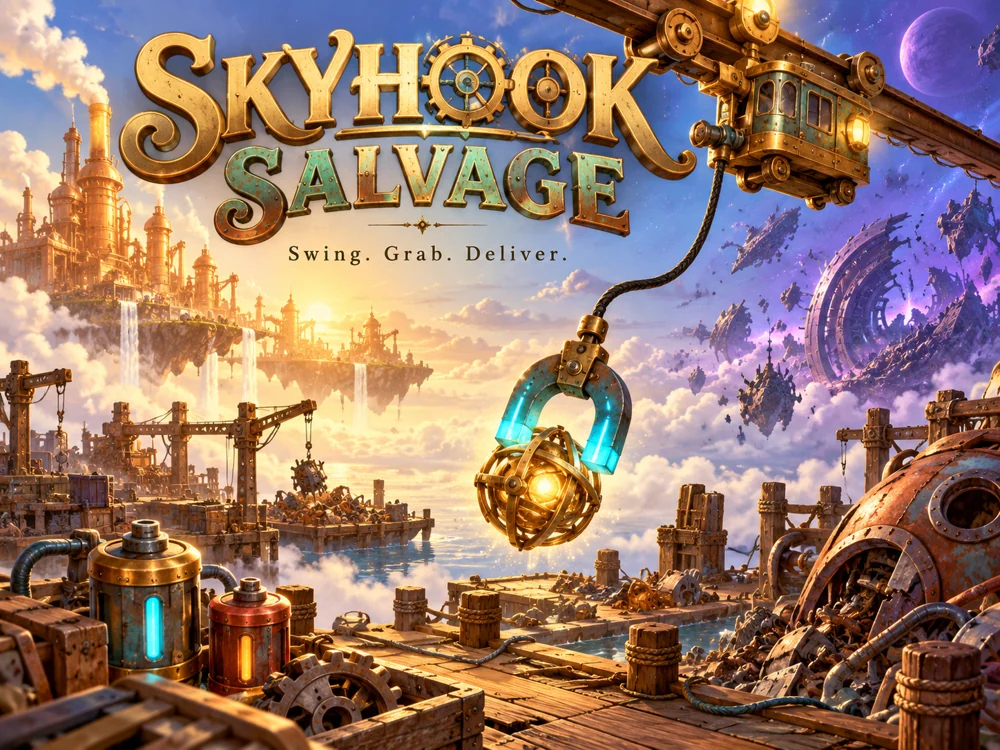 An original brass sky crane lifting a golden core over a magical miniature scrapyard.