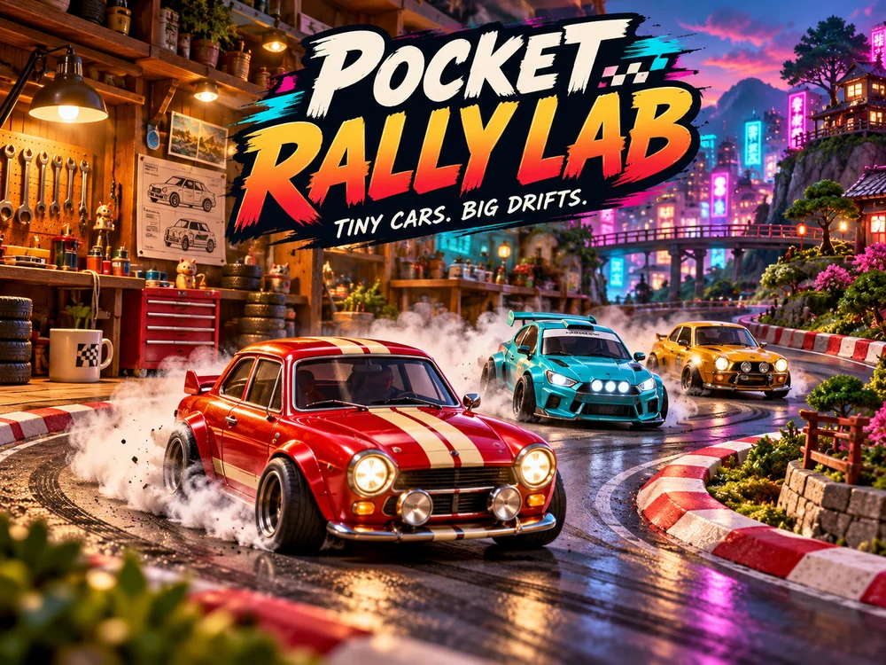 Three original miniature rally cars drifting from a warm toy garage toward neon rooftops and garden circuits.