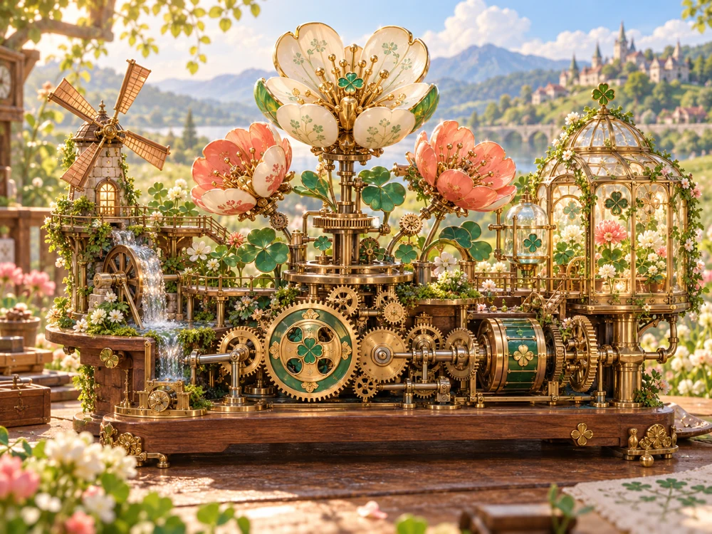 Original brass machinery powering blooming clover flowers in a miniature enchanted garden.