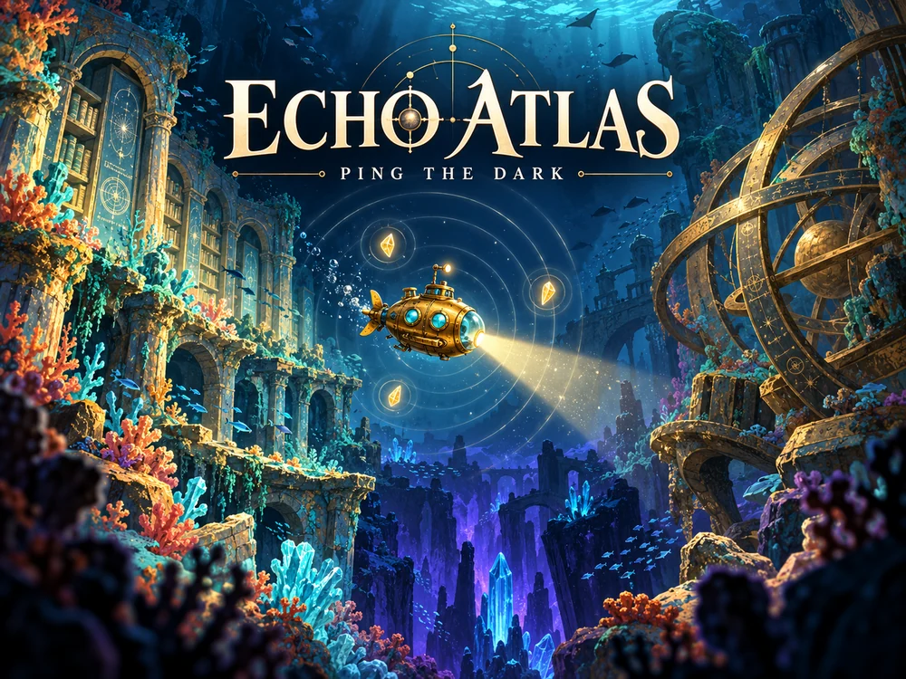 A little brass submarine sends a cyan sonar pulse through painted coral ruins and submerged astronomical rings.