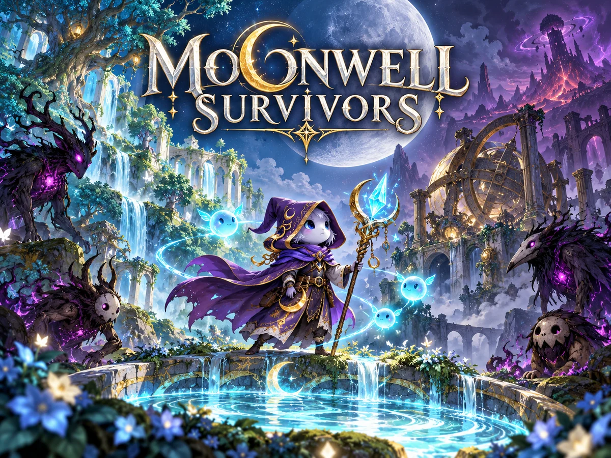The violet-cloaked Moon Guardian and cyan wisps beside a radiant moonwell, framed by enchanted forests and celestial ruins