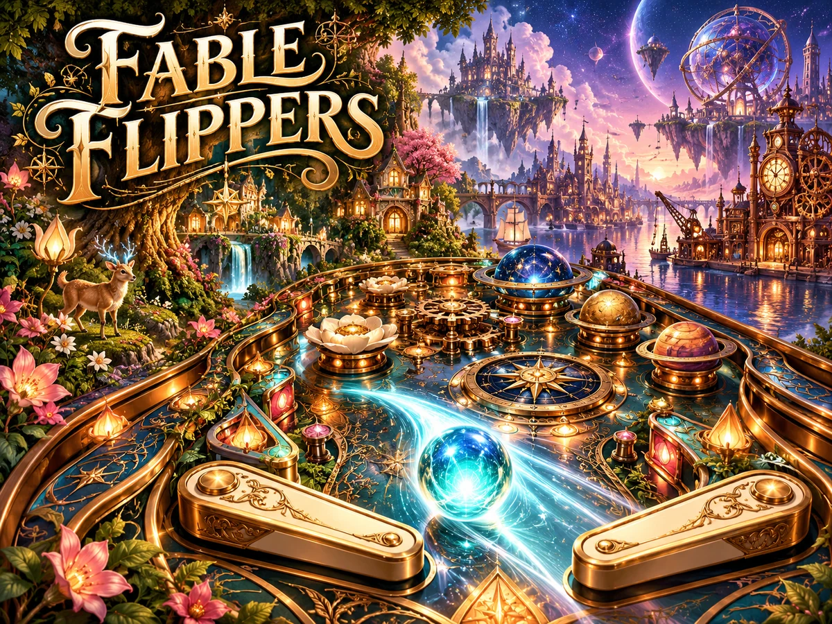 Fable Flippers: a shining crystal ball and ornate flippers across enchanted forest, clockwork harbor and celestial skies